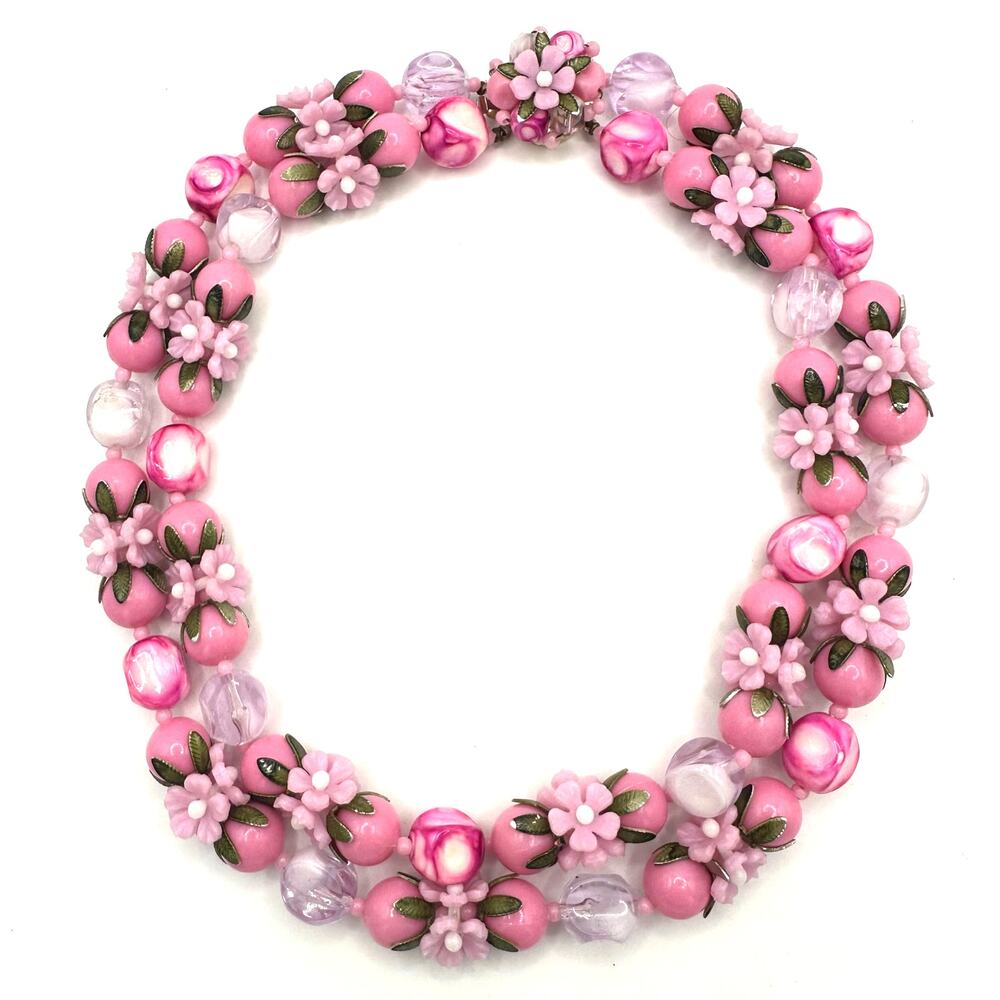 Hong Kong vintage gold tone pink purple lucite flower 2 strand beaded necklace